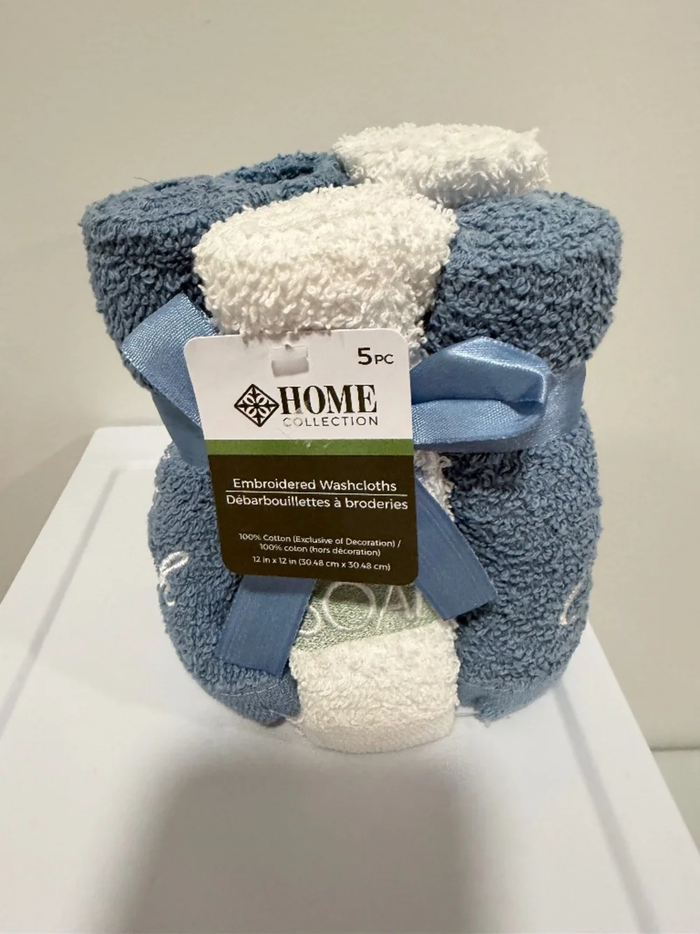 Home Collection White Blue Wash Cloths x 5 Embroidered Soap So Fresh So Clean